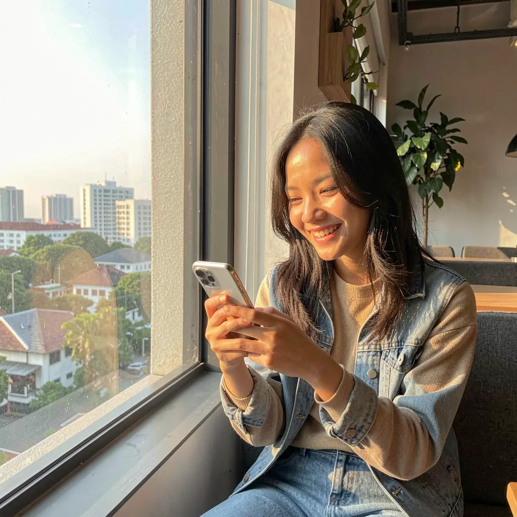 PADU888 App – A smooth and enjoyable mobile casino experience for players in Malaysia Young Malaysian woman enjoying the PADU888 mobile casino app while relaxing by a sunny window with a warm smile on her face