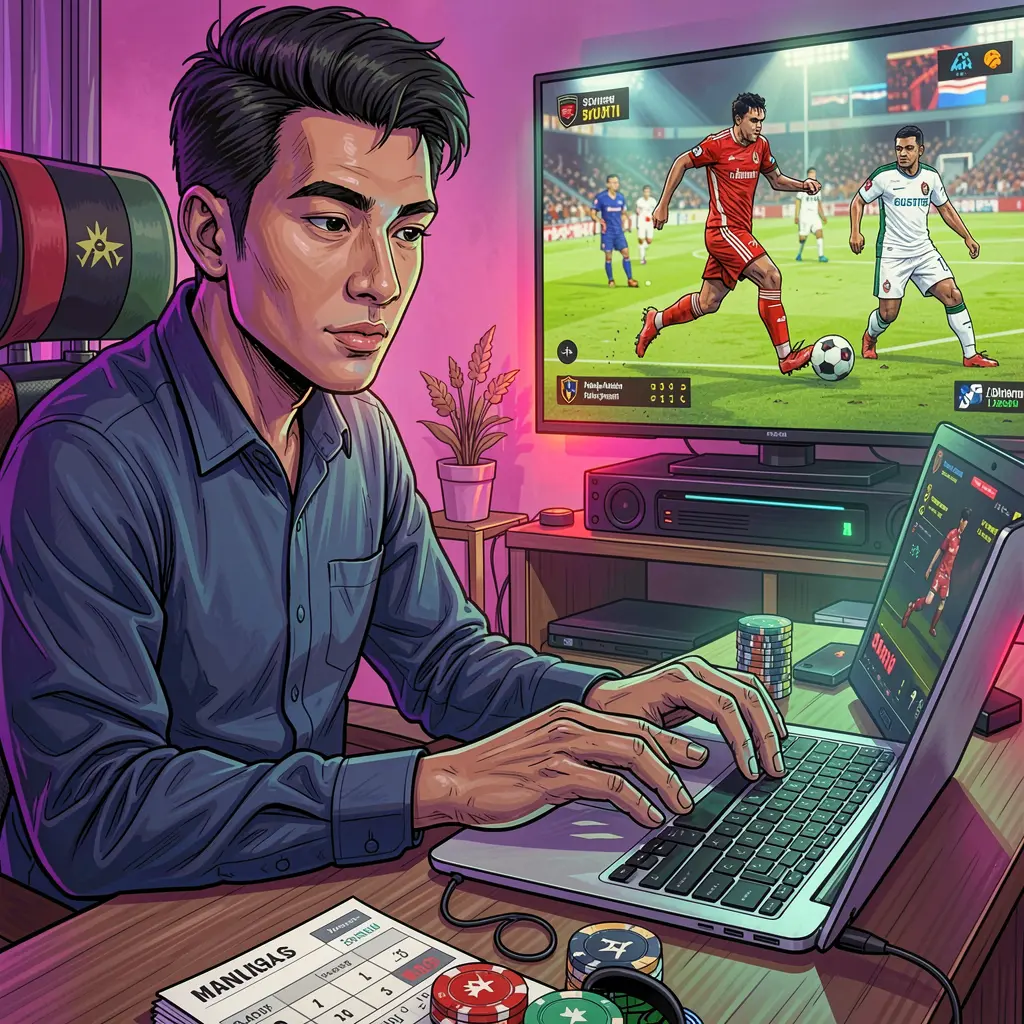 PADU888 – Enjoy smooth and reliable sports betting for Malaysian players Focused Malaysian sports bettor using a laptop with live soccer odds on PADU888 while watching a match on TV in a modern home setting