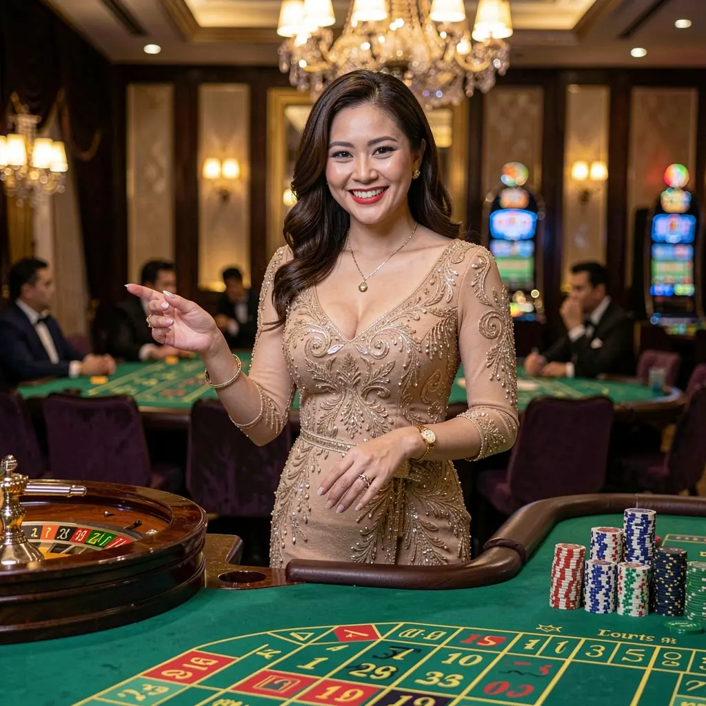 PADU888 – Experience premium live casino entertainment designed for players in Malaysia Elegant live casino dealer in a glamorous evening dress standing at a roulette table inside a luxury casino atmosphere at PADU888 Malaysia