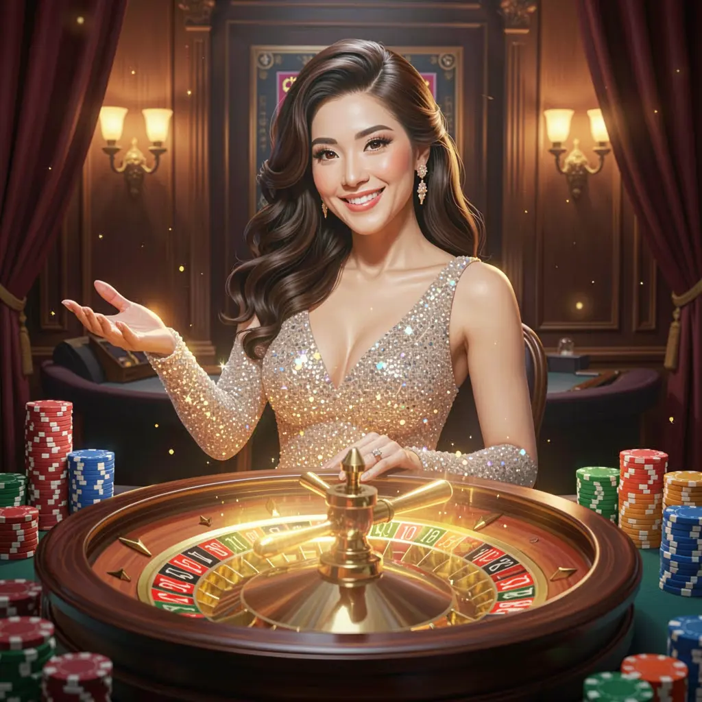 PADU888 Login – Enter the world of live casino entertainment in Malaysia Elegant live casino dealer from Malaysia inviting players to log in with glowing roulette wheel and stacked chips symbolizing premium gaming on PADU888