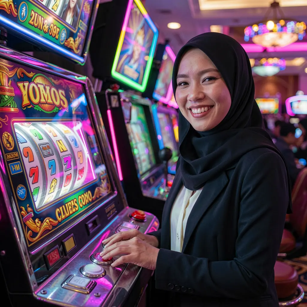 PADU888 – Discover an exciting world of online slot games for Malaysian players A smiling Malaysian woman enjoying colorful slot machines in a lively casino atmosphere at PADU888 with glowing reels and neon lights